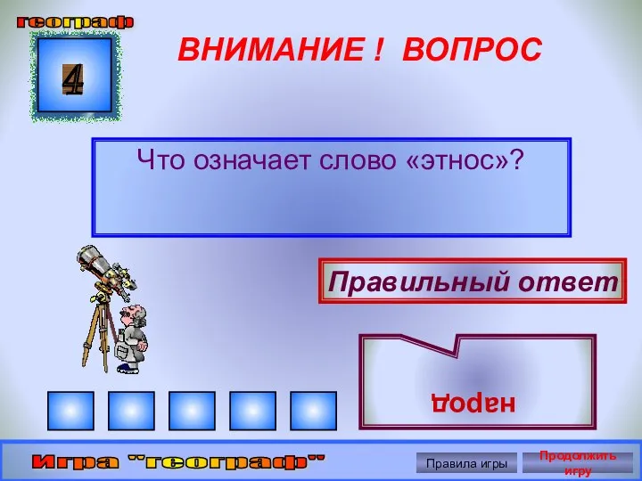 ВНИМАНИЕ ! ВОПРОС Что означает слово «этнос»? 4 Правильный ответ народ географ