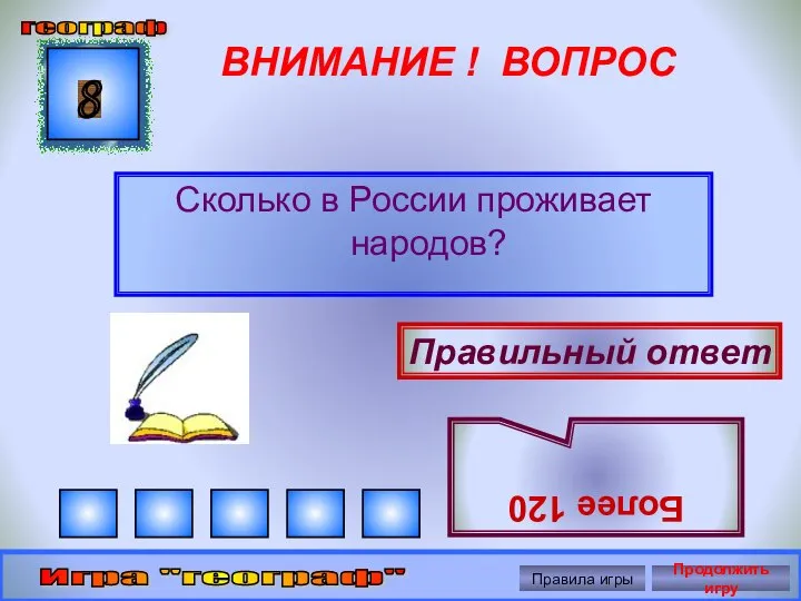 ВНИМАНИЕ ! ВОПРОС Сколько в России проживает народов? 8 Правильный ответ Более