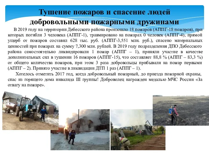 В 2019 году на территории Дебесского района произошло 18 пожаров (АППГ-18 пожаров),