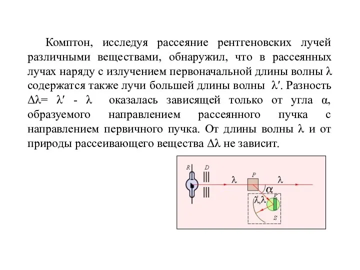 Комптон, исследуя рассеяние рентгеновских лучей различными веществами, обнаружил, что в рассеянных лучах