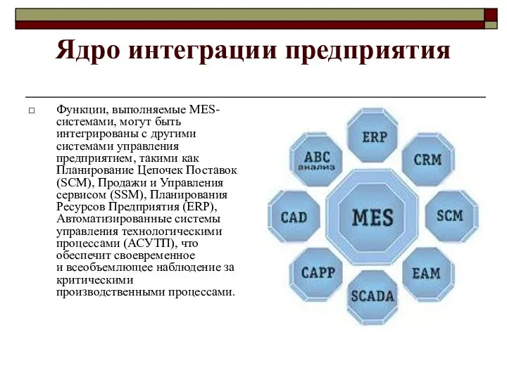 Ядро интеграции предприятия Функции, выполняемые MES-системами, могут быть интегрированы с другими системами