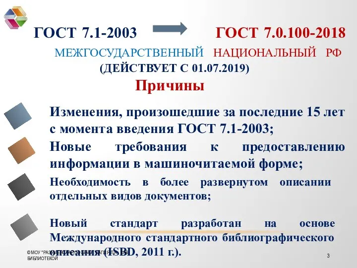 ГОСТ 7.1-2003 ГОСТ 7.0.100-2018 МЕЖГОСУДАРСТВЕННЫЙ НАЦИОНАЛЬНЫЙ РФ (ДЕЙСТВУЕТ С 01.07.2019) Новые требования