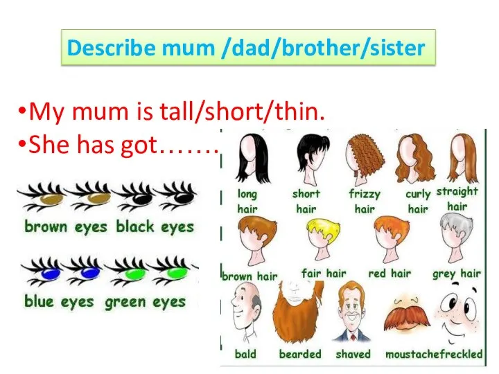 Describe mum /dad/brother/sister My mum is tall/short/thin. She has got…….