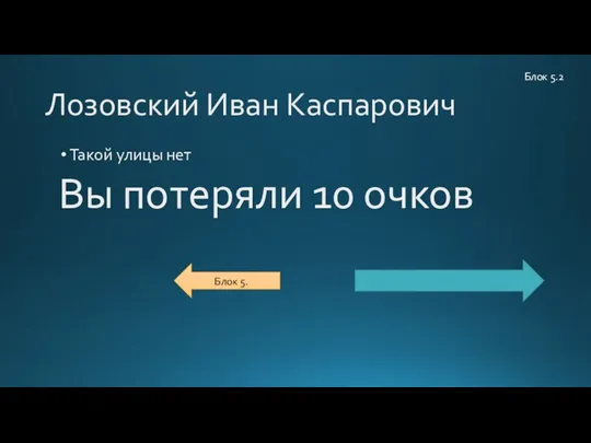 Лозовский Иван Каспарович Такой улицы нет Вы потеряли 10 очков Блок 5.2 Блок 5.