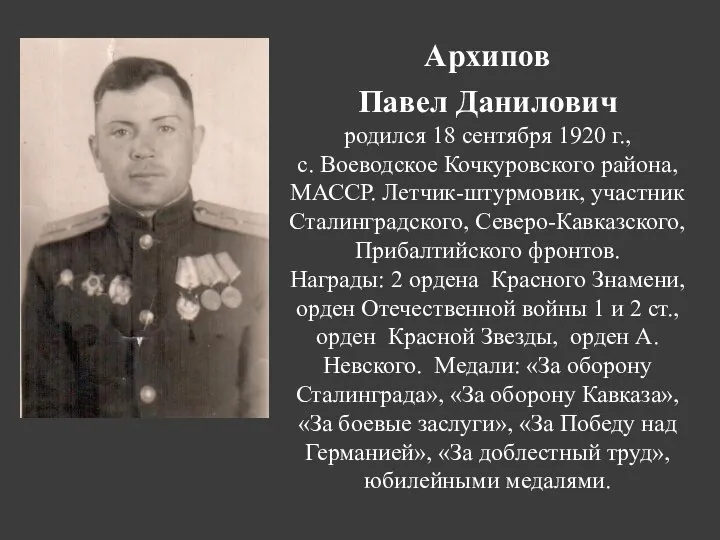 Архипов Павел Данилович родился 18 сентября 1920 г., с. Воеводское Кочкуровского района,