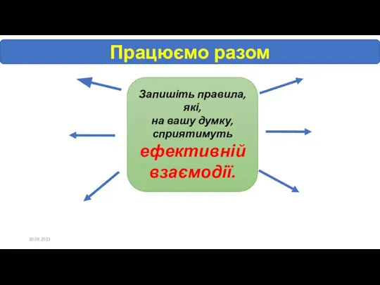 Запишіть правила, які, на вашу думку, сприятимуть ефективній взаємодії. 20.09.2022 Працюємо разом