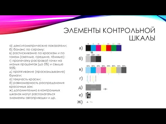 ЭЛЕМЕНТЫ КОНТРОЛЬНОЙ ШКАЛЫ а) денситометрические показатели; б) баланс по серому; в) растискивание