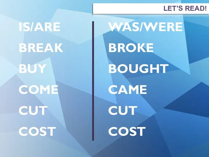 WAS/WERE BROKE BOUGHT CAME CUT COST IS/ARE BREAK BUY COME CUT COST LET’S READ!
