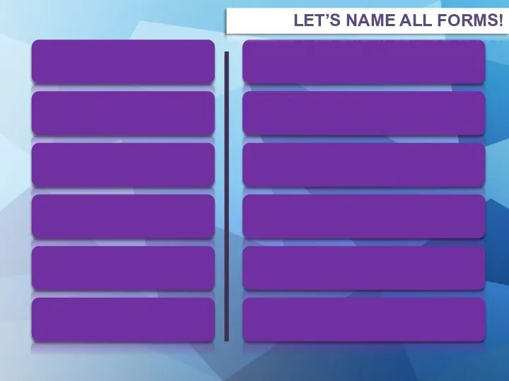 DRANK DROVE ATE GOT HAD WENT DRINK DRIVE EAT GET HAVE GO LET’S NAME ALL FORMS!