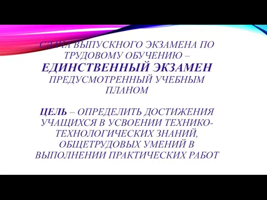 СДАЧА ВЫПУСКНОГО ЭКЗАМЕНА ПО ТРУДОВОМУ ОБУЧЕНИЮ – ЕДИНСТВЕННЫЙ ЭКЗАМЕН ПРЕДУСМОТРЕННЫЙ УЧЕБНЫМ ПЛАНОМ