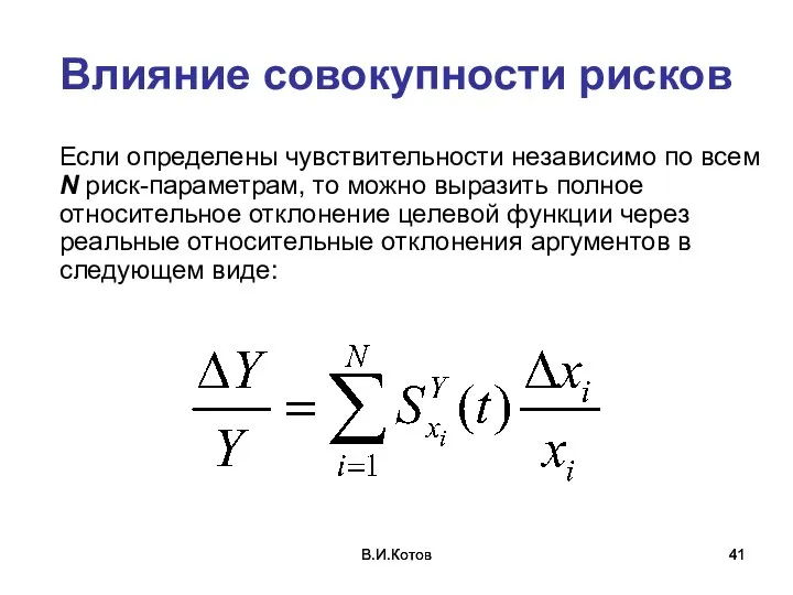 В.И.Котов В.И.Котов Влияние совокупности рисков Если определены чувствительности независимо по всем N