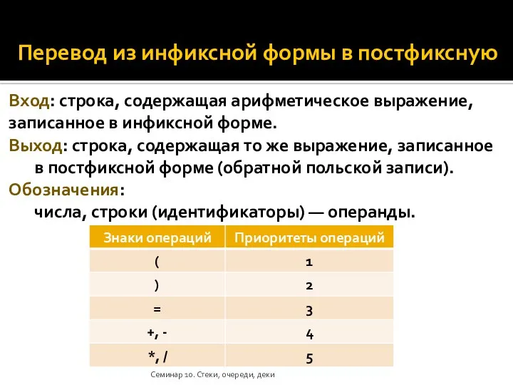 Перевод из инфиксной формы в постфиксную Вход: строка, содержащая арифметическое выражение, записанное