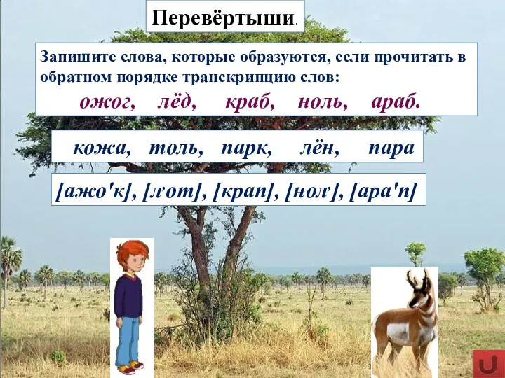 Перевёртыши. Запишите слова, которые образуются, если прочитать в обратном порядке транскрипцию слов: