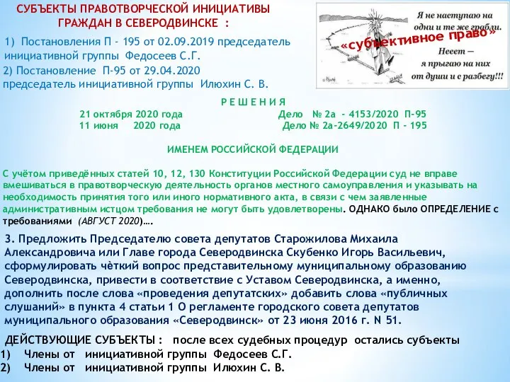 «субъективное право» СУБЪЕКТЫ ПРАВОТВОРЧЕСКОЙ ИНИЦИАТИВЫ ГРАЖДАН В СЕВЕРОДВИНСКЕ : 2) Постановление П-95