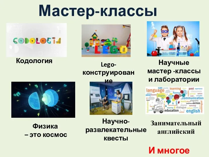 Мастер-классы Кодология Научные мастер -классы и лаборатории И многое другое… Научно-развлекательные квесты