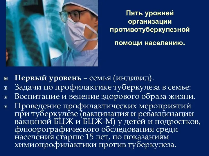 Пять уровней организации противотуберкулезной помощи населению. Первый уровень – семья (индивид). Задачи