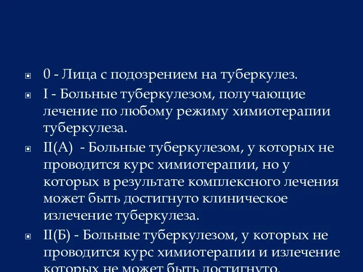 0 - Лица с подозрением на туберкулез. I - Больные туберкулезом, получающие