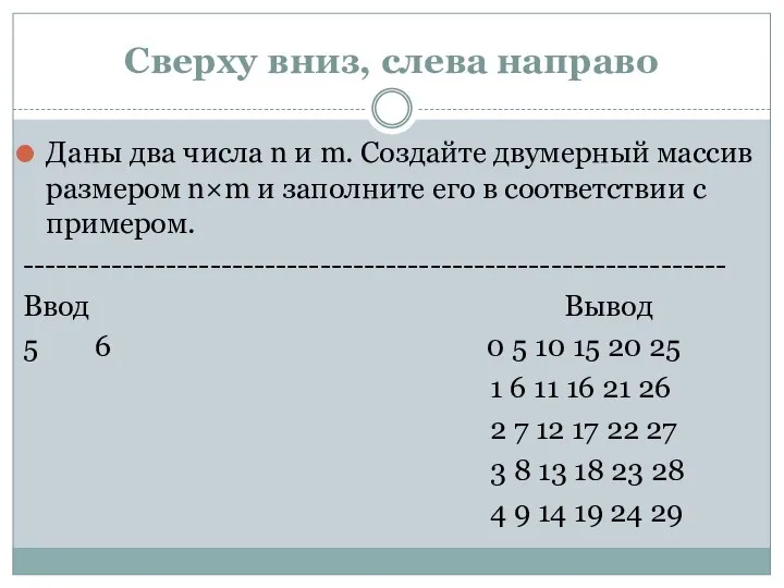 Сверху вниз, слева направо Даны два числа n и m. Создайте двумерный