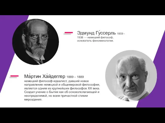 Эдмунд Гу́ссерль 1859 - 1938 — немецкий философ, основатель феноменологии. Ма́ртин Ха́йдеггер