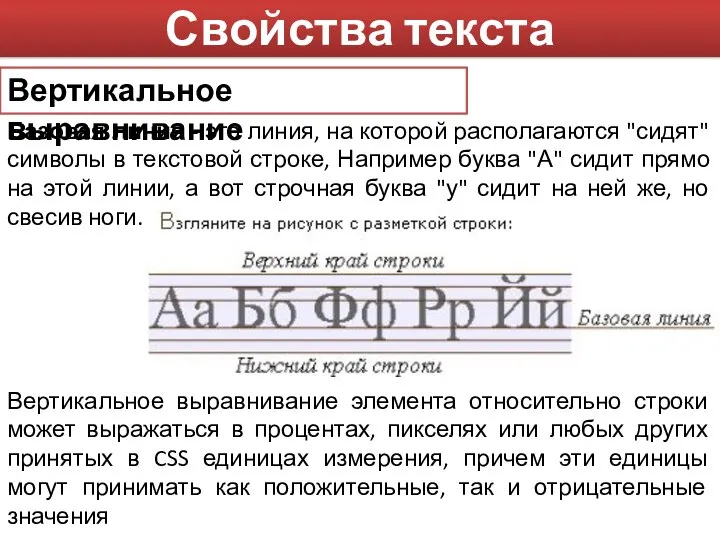 Свойства текста Вертикальное выравнивание Базовая линия - это линия, на которой располагаются