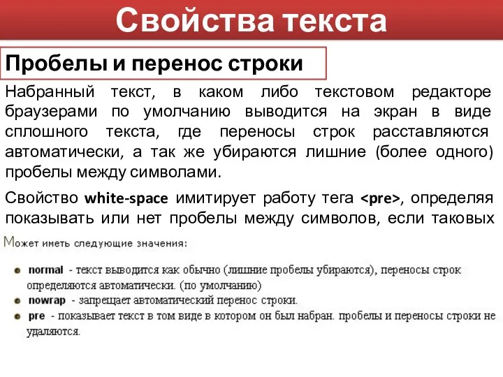 Свойства текста Пробелы и перенос строки Набранный текст, в каком либо текстовом