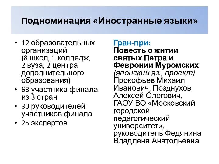 Подноминация «Иностранные языки» 12 образовательных организаций (8 школ, 1 колледж, 2 вуза,