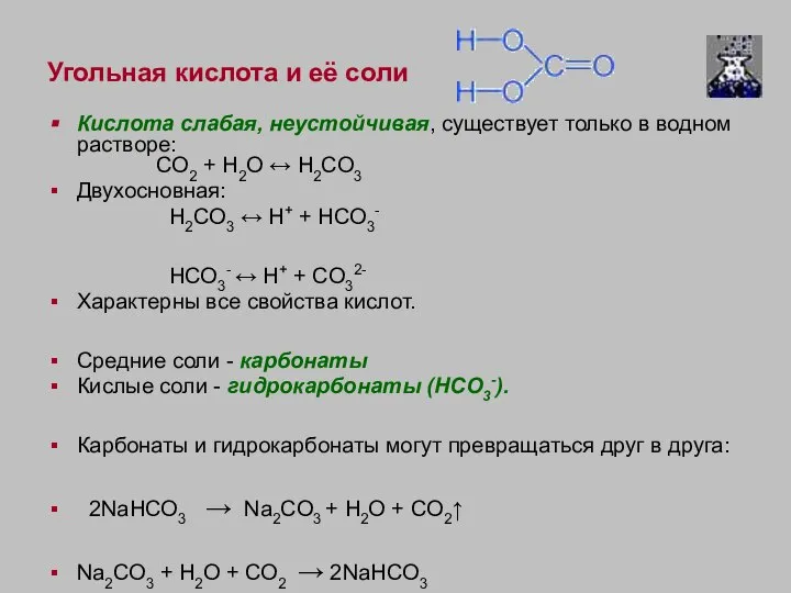 Угольная кислота и её соли Кислота слабая, неустойчивая, существует только в водном