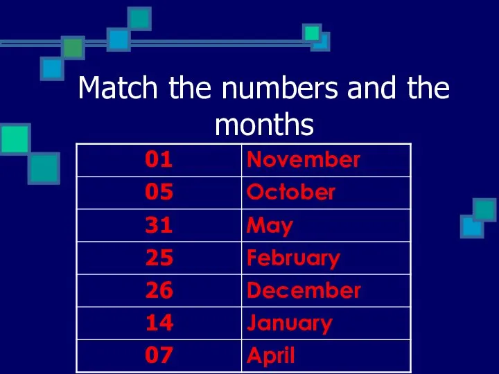 Match the numbers and the months