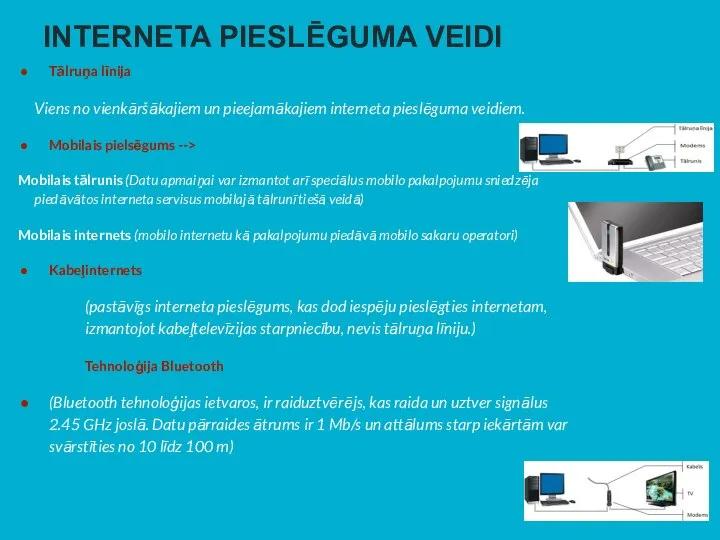 INTERNETA PIESLĒGUMA VEIDI Tālruņa līnija Viens no vienkāršākajiem un pieejamākajiem interneta pieslēguma