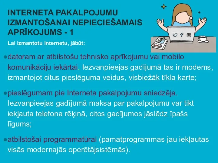 INTERNETA PAKALPOJUMU IZMANTOŠANAI NEPIECIEŠAMAIS APRĪKOJUMS - 1 Lai izmantotu Internetu, jābūt: datoram