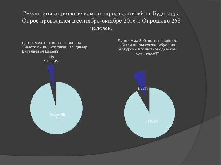 Результаты социологического опроса жителей пг Будогощь. Опрос проводился в сентябре-октябре 2016 г. Опрошено 268 человек.