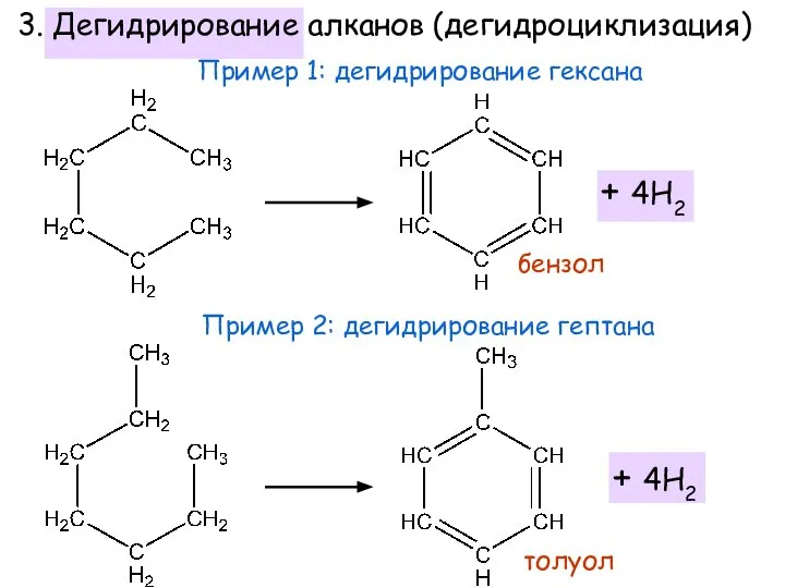 + 4Н2 Пример 1: дегидрирование гексана бензол Пример 2: дегидрирование гептана +