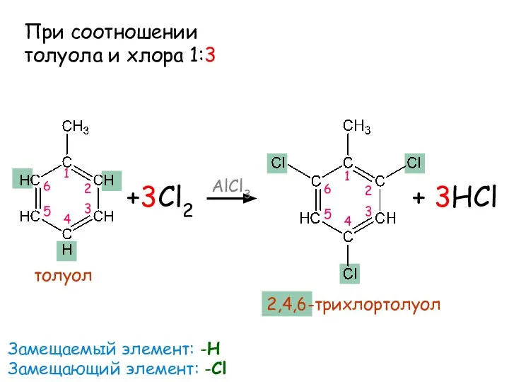 +3Cl2 AlCl3 + 3HCl толуол Замещаемый элемент: -Н Замещающий элемент: -Cl При