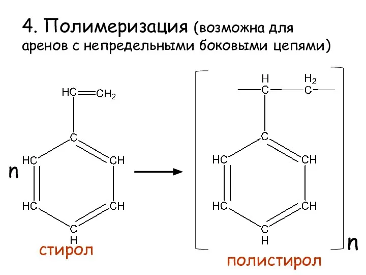 4. Полимеризация (возможна для аренов с непредельными боковыми цепями) n n стирол полистирол