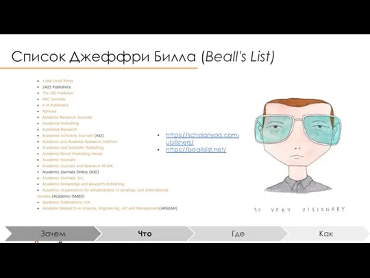 Список Джеффри Билла (Beall's List) https://scholarlyoa.com/publishers/ https://beallslist.net/ что как что как что