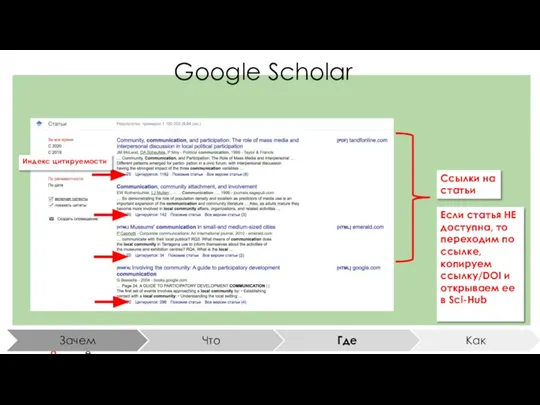 Google Scholar Индекс цитируемости Ссылки на статьи Если статья НЕ доступна, то