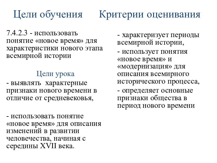 Цели обучения Критерии оценивания 7.4.2.3 - использовать понятие «новое время» для характеристики