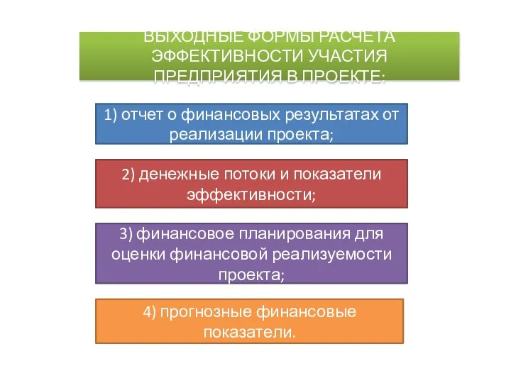 ВЫХОДНЫЕ ФОРМЫ РАСЧЕТА ЭФФЕКТИВНОСТИ УЧАСТИЯ ПРЕДПРИЯТИЯ В ПРОЕКТЕ: 1) отчет о финансовых