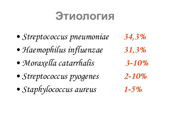 Этиология Streptococcus pneumoniae 34,3% Haemophilus influenzae 31,3% Moraxella catarrhalis 3-10% Streptococcus pyogenes 2-10% Staphylococcus aureus 1-5%