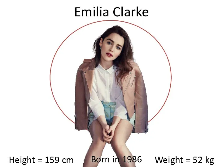 Height = 159 cm Weight = 52 kg Emilia Clarke Born in 1986