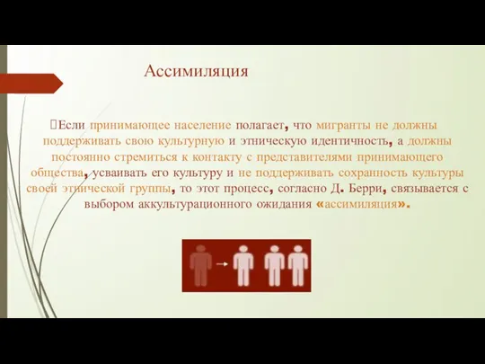 Ассимиляция Если принимающее население полагает, что мигранты не должны поддерживать свою культурную