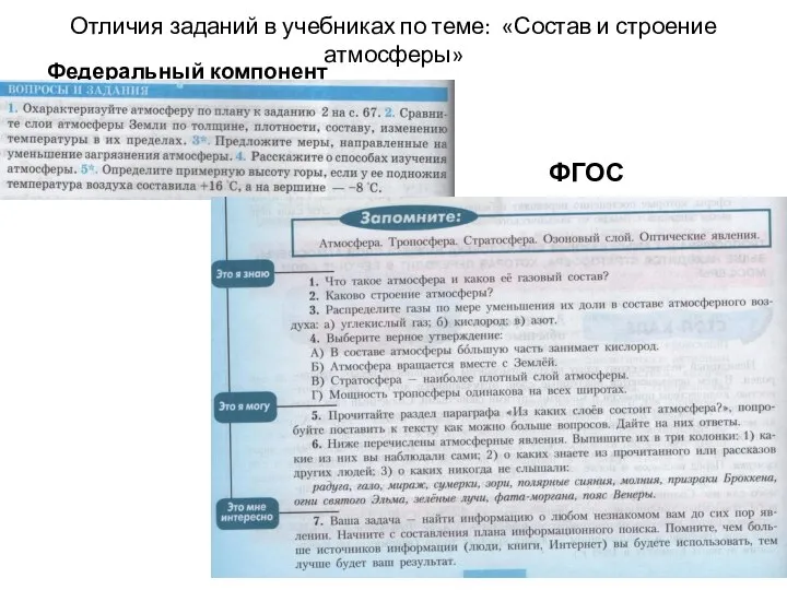 Отличия заданий в учебниках по теме: «Состав и строение атмосферы» Федеральный компонент ФГОС