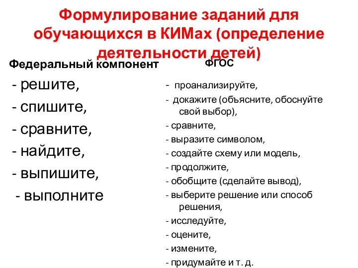 Формулирование заданий для обучающихся в КИМах (определение деятельности детей) Федеральный компонент -