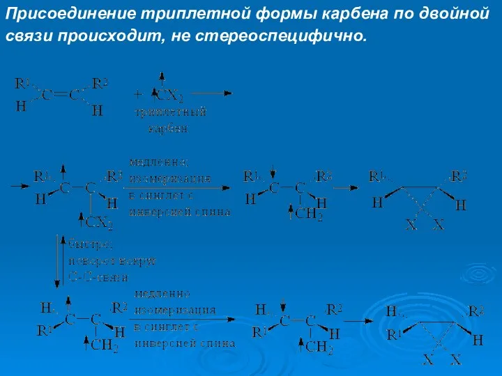 Присоединение триплетной формы карбена по двойной связи происходит, не стереоспецифично.