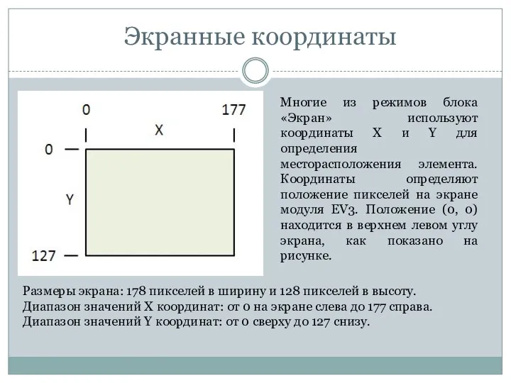 Экранные координаты Многие из режимов блока «Экран» используют координаты X и Y