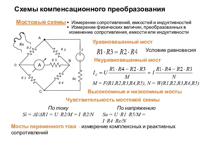 Схемы компенсационного преобразования Уравновешенный мост Условие равновесия Неуравновешенный мост M = F(R1,R2,R3,R4,R5),