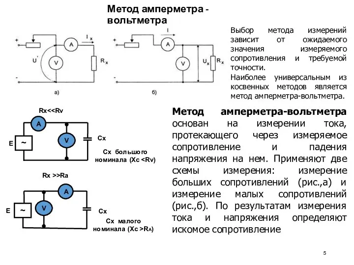 Метод амперметра - вольтметра Rx Rx >>Ra А V А V E