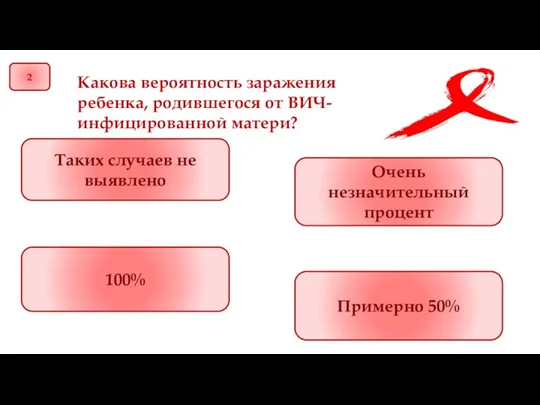 2 Какова вероятность заражения ребенка, родившегося от ВИЧ-инфицированной матери? 100% Очень незначительный