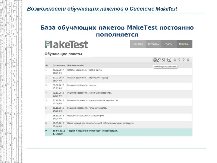 Возможности обучающих пакетов в Системе MakeTest База обучающих пакетов MakeTest постоянно пополняется