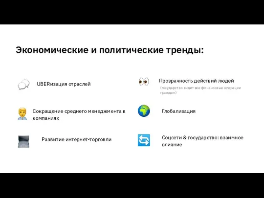 Экономические и политические тренды: UBERизация отраслей Сокращение среднего менеджмента в компаниях Прозрачность